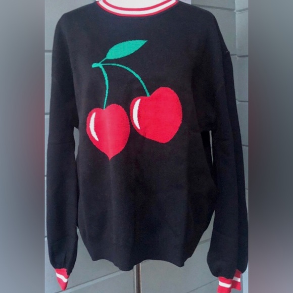 VICI cherry graphic black & red pullover knit crewneck sweater NEW 🎉SALE - Picture 12 of 16